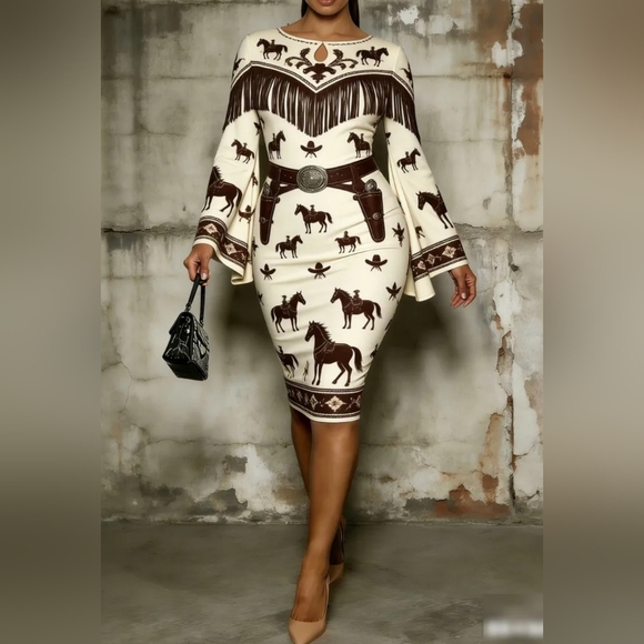 Cream & Brown Western Women Dress